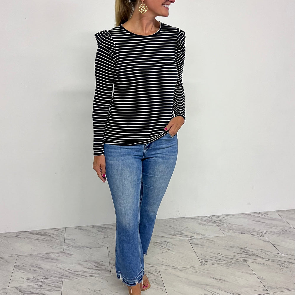 
                  
                    Whitney Stripe + Ruffle Top (Black)
                  
                