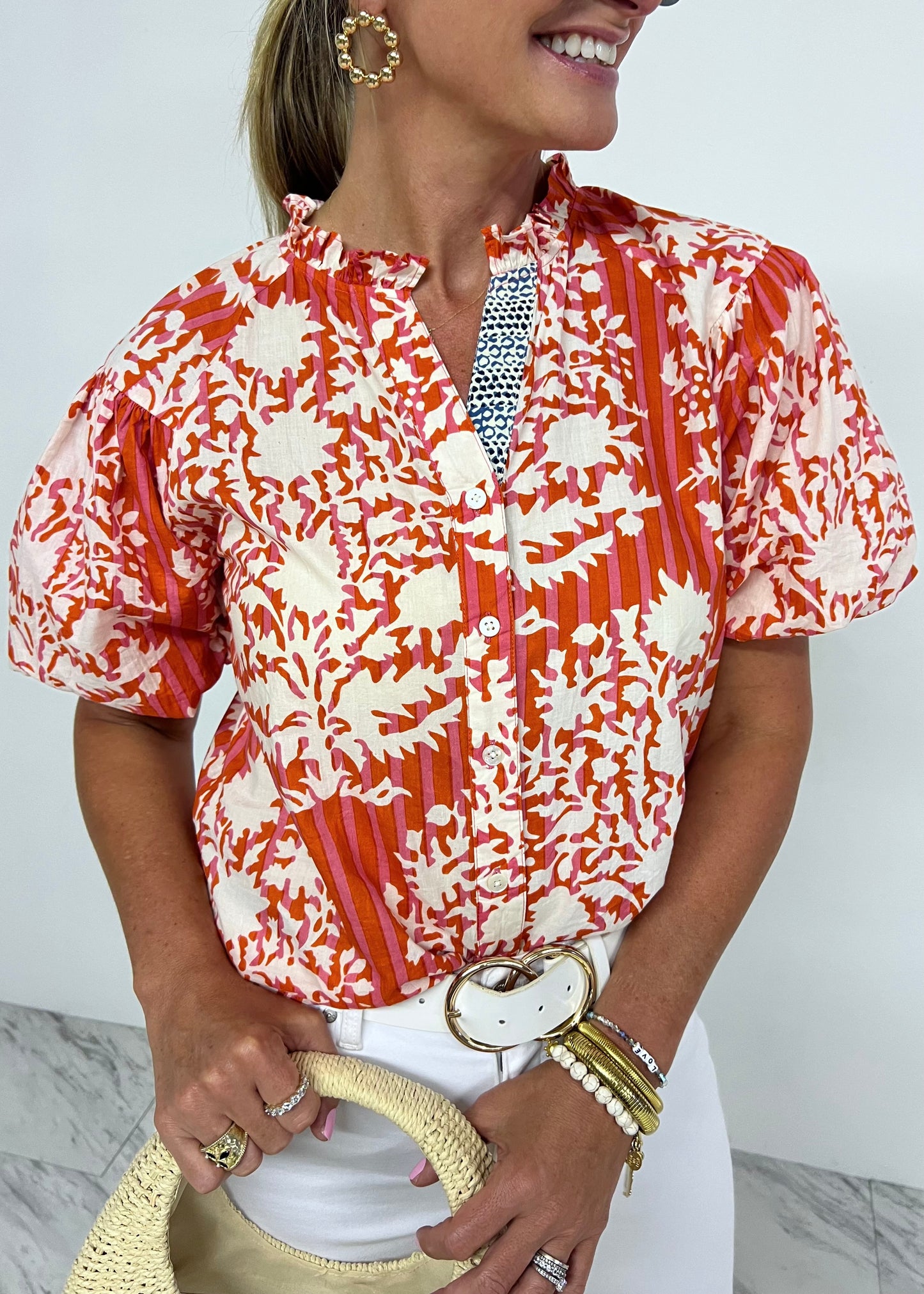 Kinsley Mixed Print Button Front Top