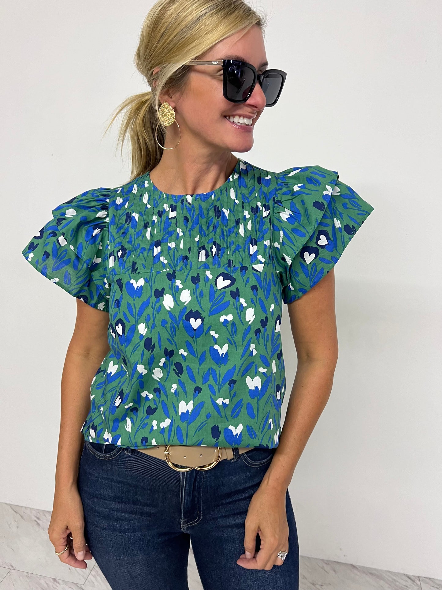 Arielle Floral + Pleat Neck Top - FINAL SALE