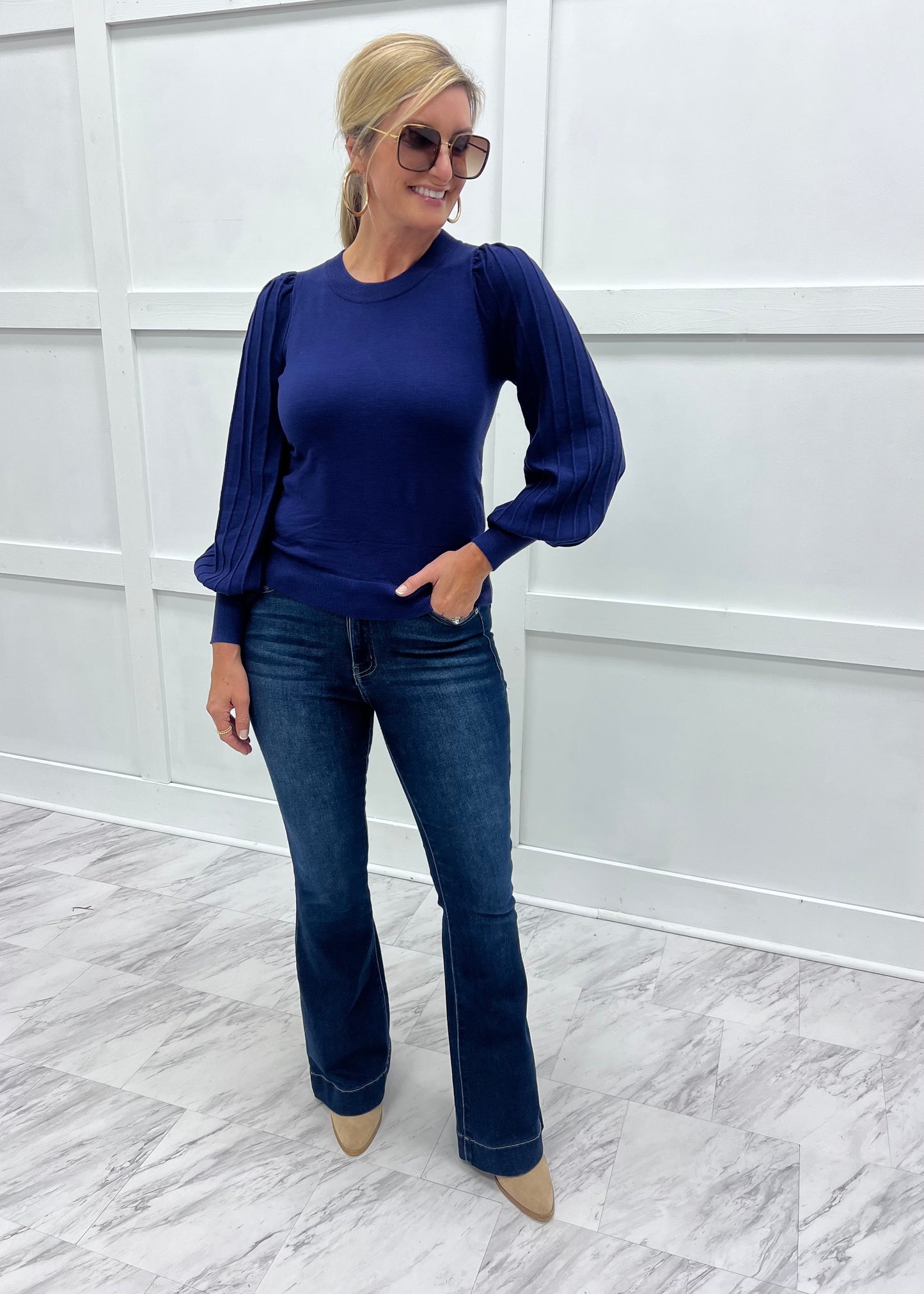 Verona Pleat Sleeve Sweater (Navy)