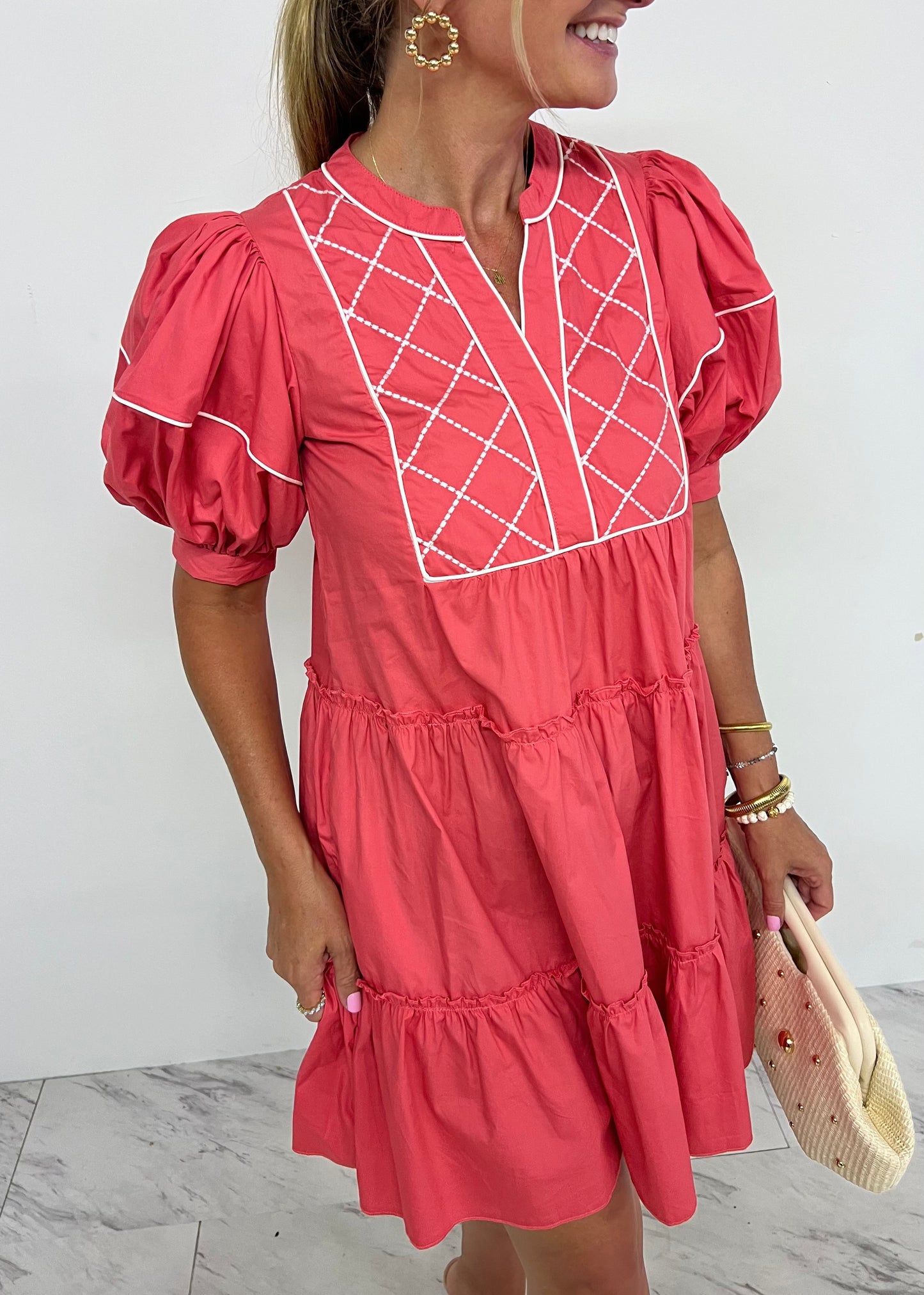 Helena Embroidered Dress (Coral)