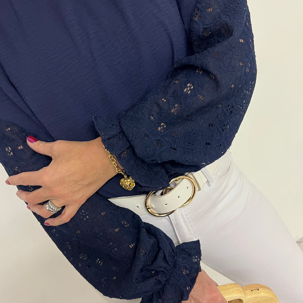 
                  
                    Emmett Navy Lace Sleeve Top
                  
                