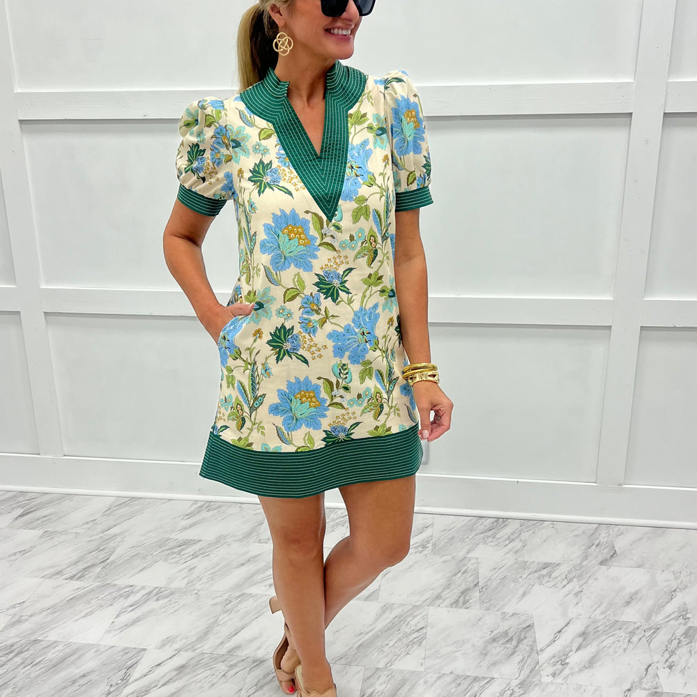Caroline Print V.Neck Dress (Green)