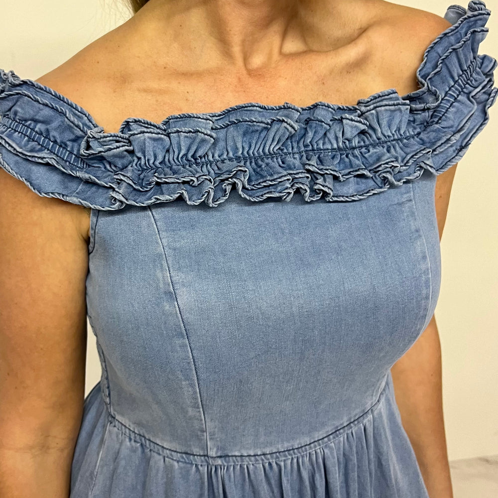 
                      
                        Dallas Denim Ruffle Dress
                      
                    