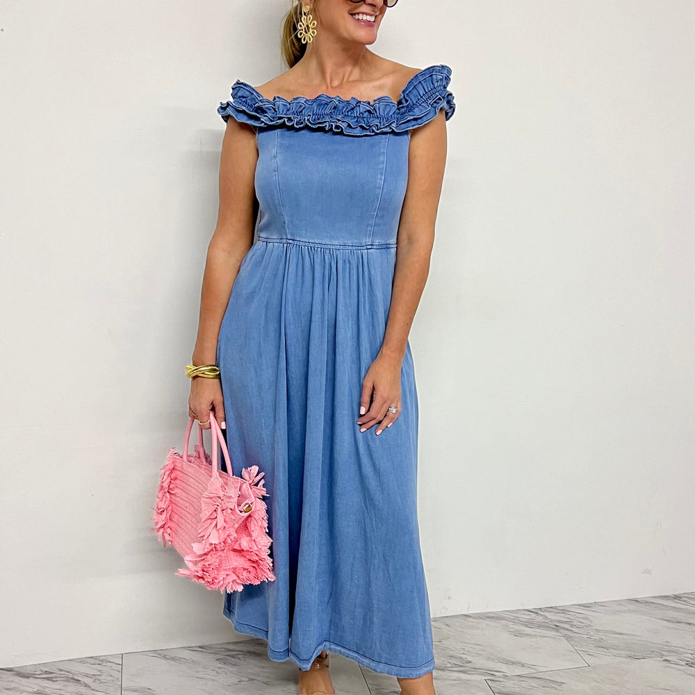 
                      
                        Dallas Denim Ruffle Dress
                      
                    