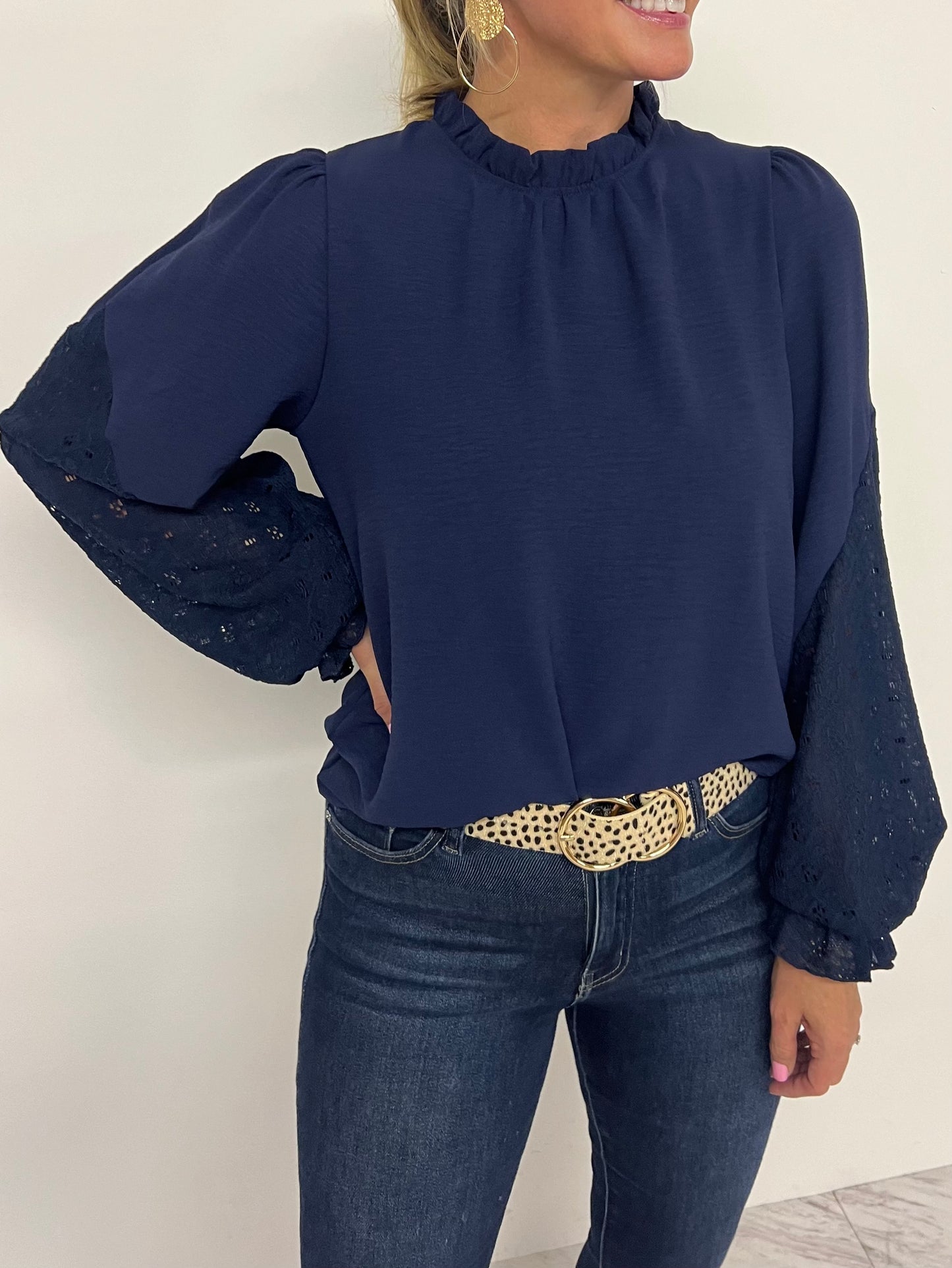 Emmett Navy Lace Sleeve Top