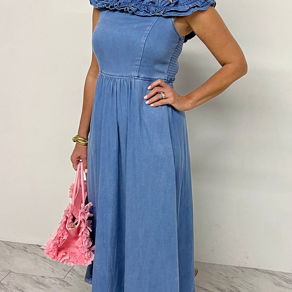 
                      
                        Dallas Denim Ruffle Dress
                      
                    