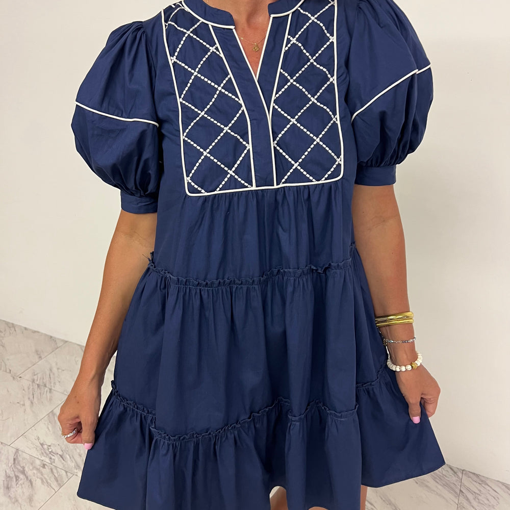 Helena Embroidered Dress (Navy)