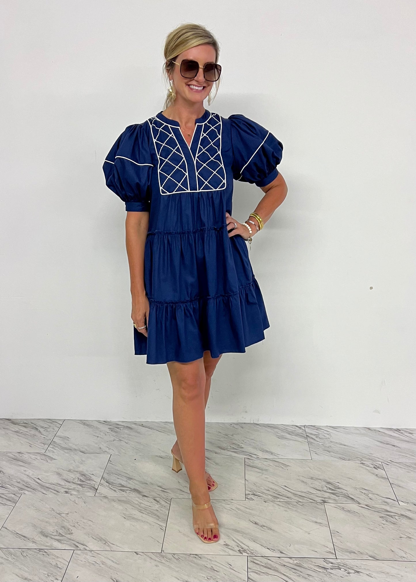 Helena Embroidered Dress (Navy)