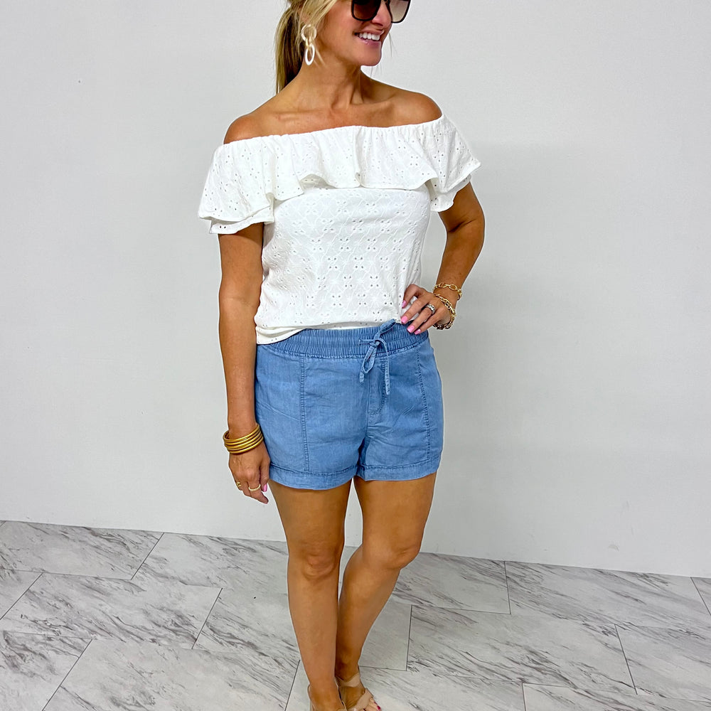 
                      
                        Effie Eyelet Off The Shoulder Top (White)- FINAL SALE
                      
                    