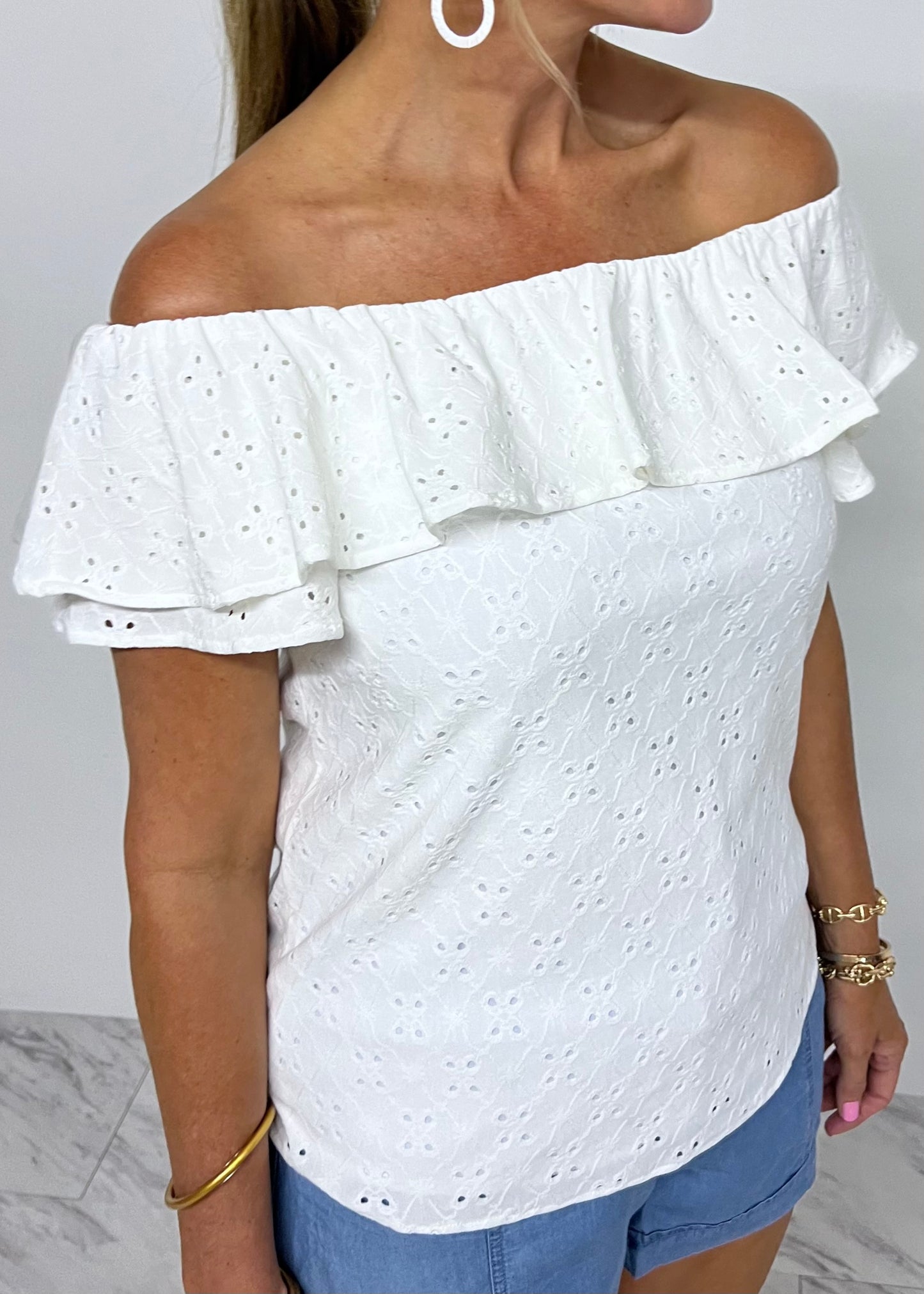 Effie Eyelet Off The Shoulder Top (White)- FINAL SALE