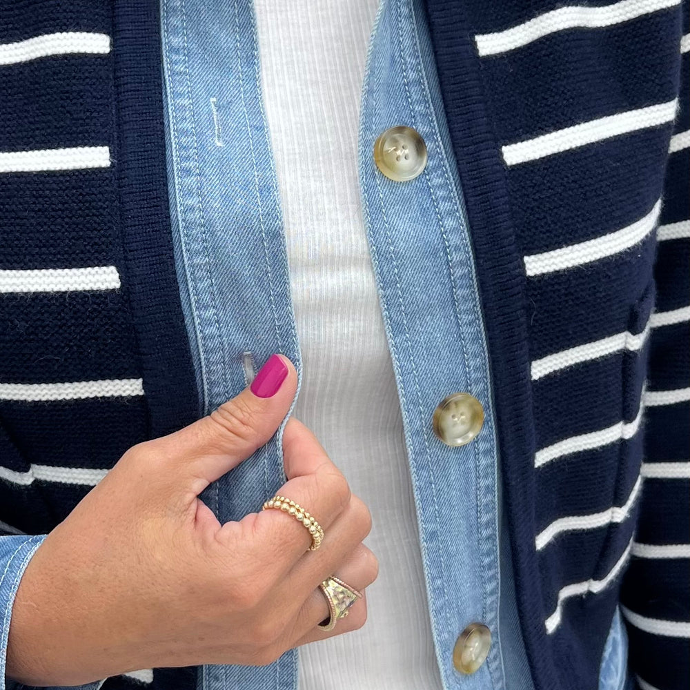 
                  
                    Loren Stripe + Denim Cardigan (Navy)
                  
                