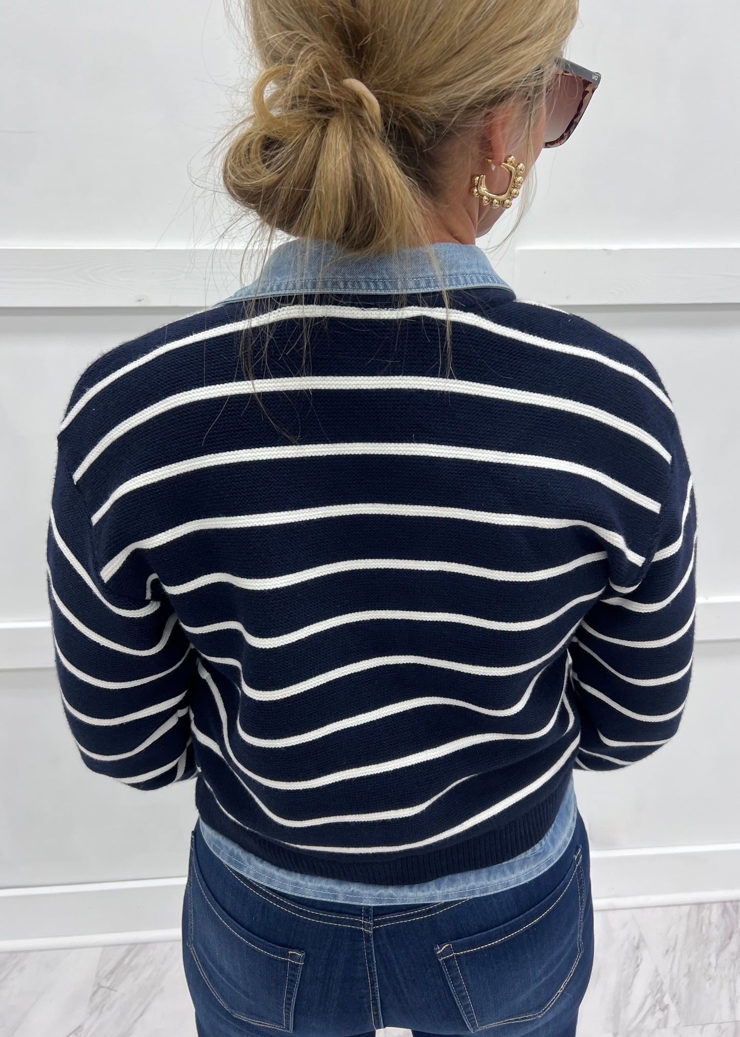 Loren Stripe + Denim Cardigan (Navy)