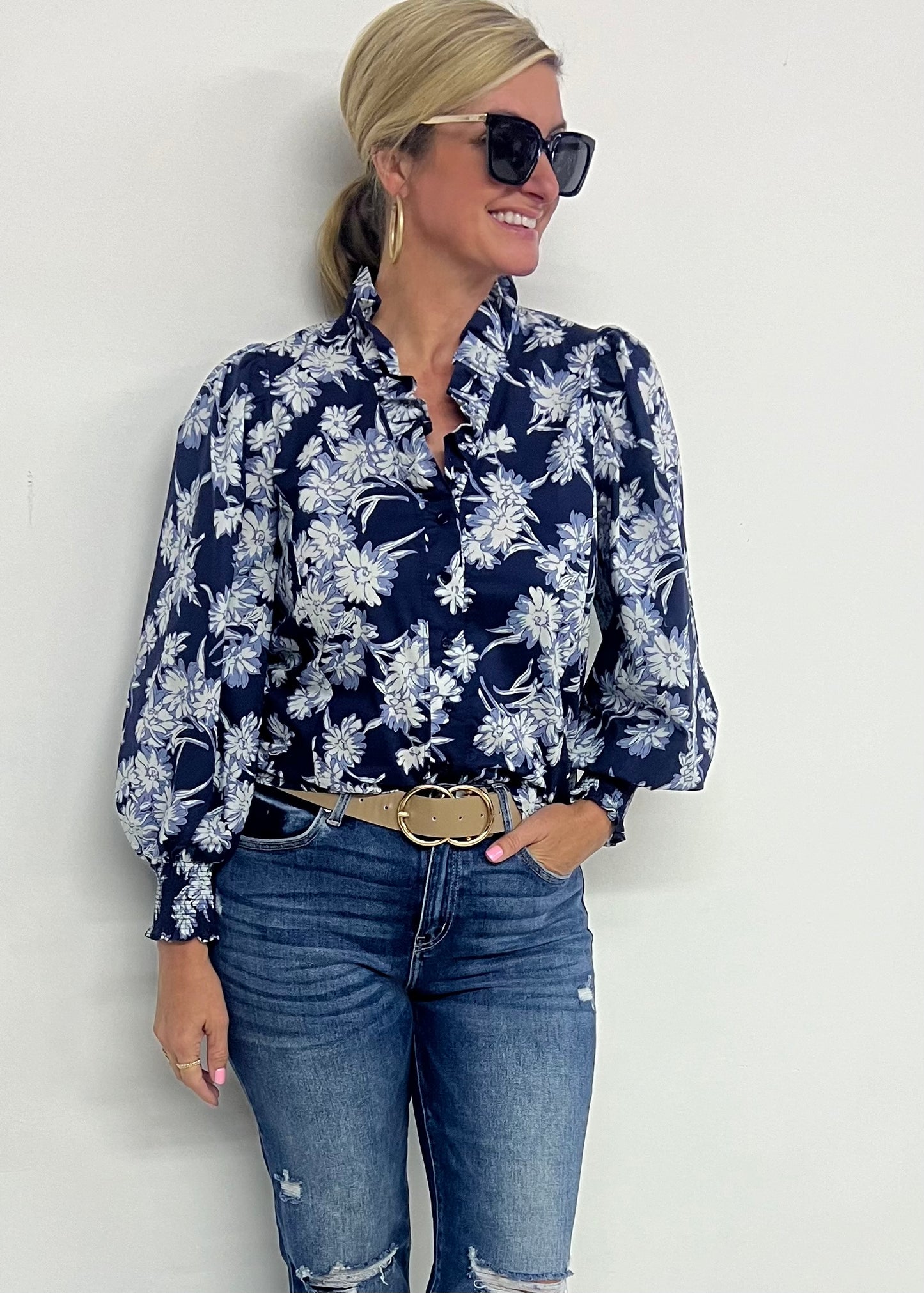 Nova Navy Blue Flower Top