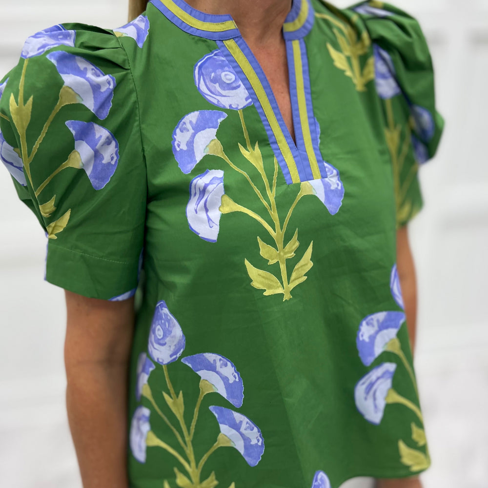Poppy Flower Puff Sleeve Top (Green)