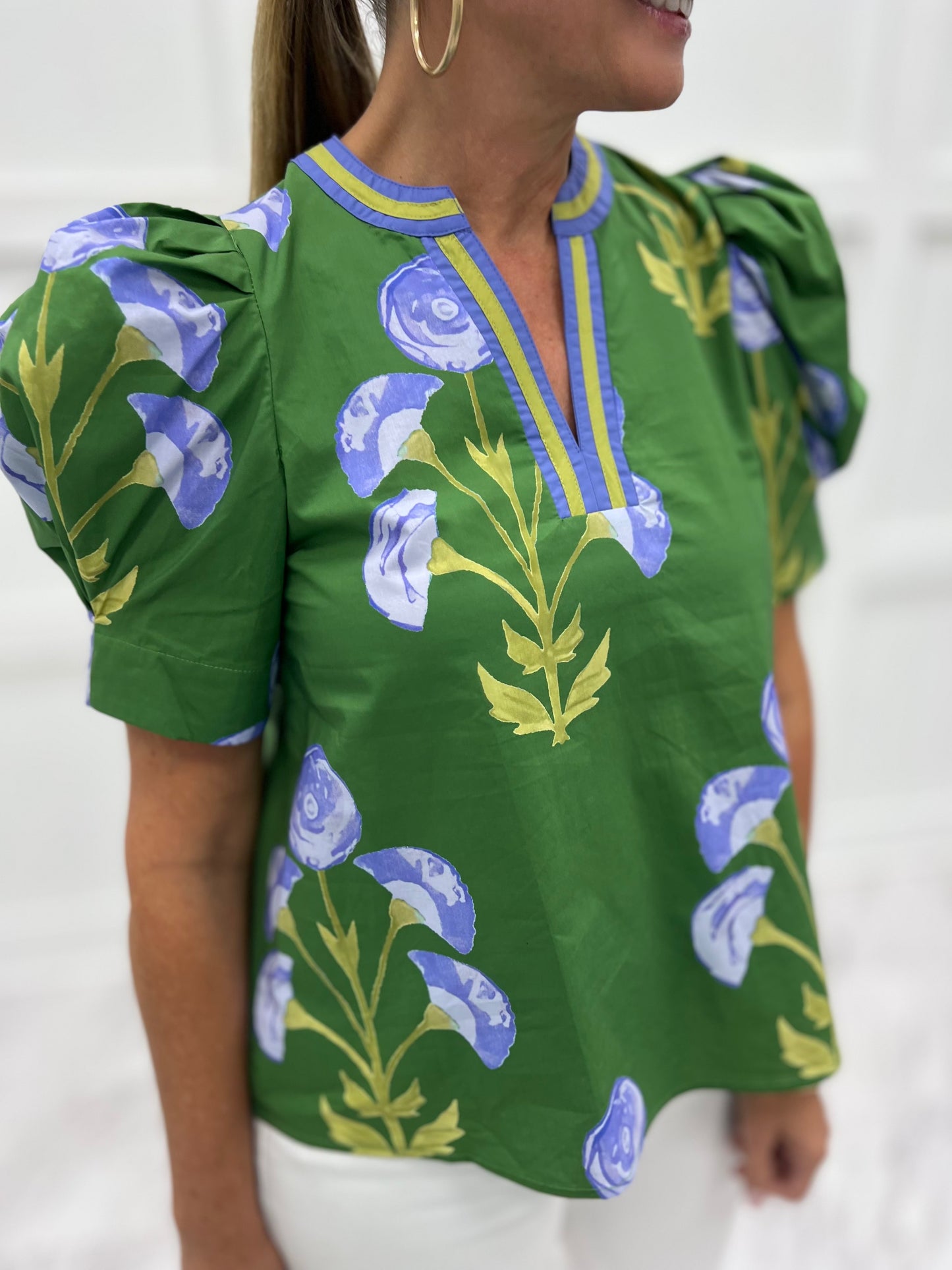 Poppy Flower Puff Sleeve Top (Green)