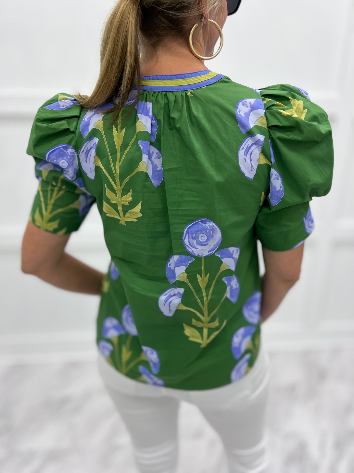Poppy Flower Puff Sleeve Top (Green)