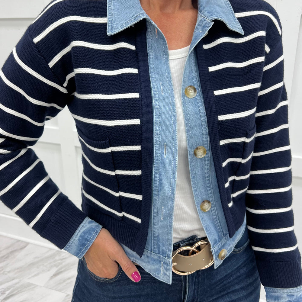 Loren Stripe + Denim Cardigan (Navy)