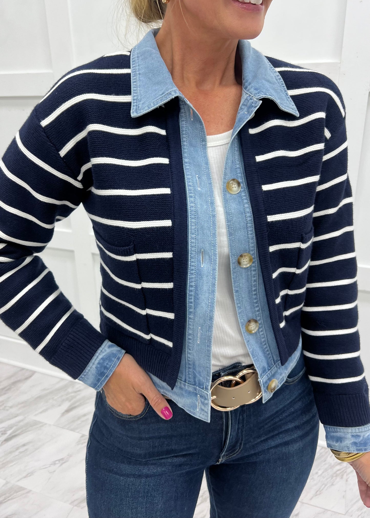 Loren Stripe + Denim Cardigan (Navy)