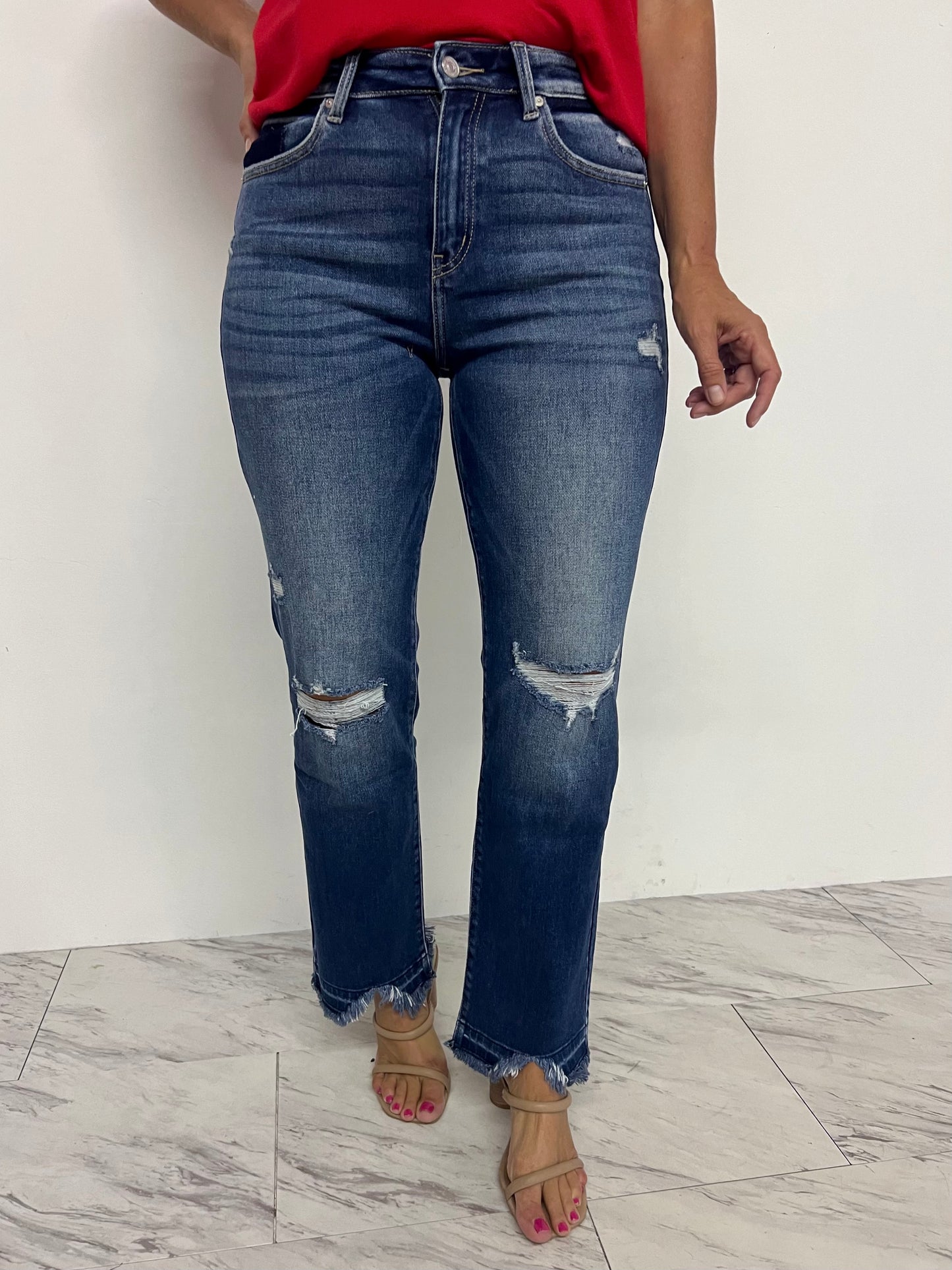 Serena Slim + Straight Distressed Denim