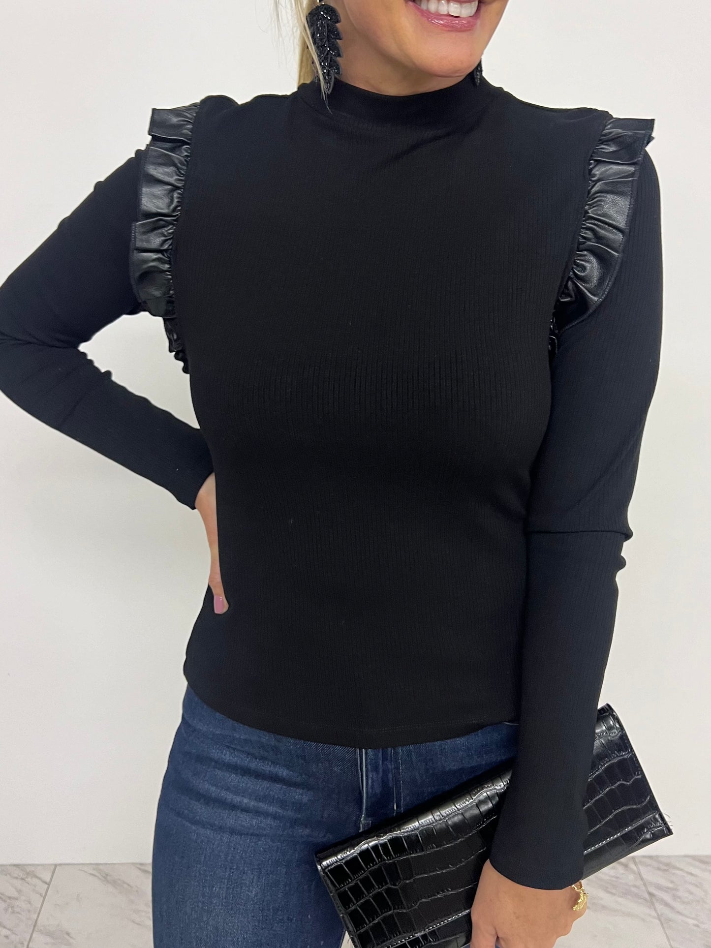 Kaia Leather Detail Top (Black)