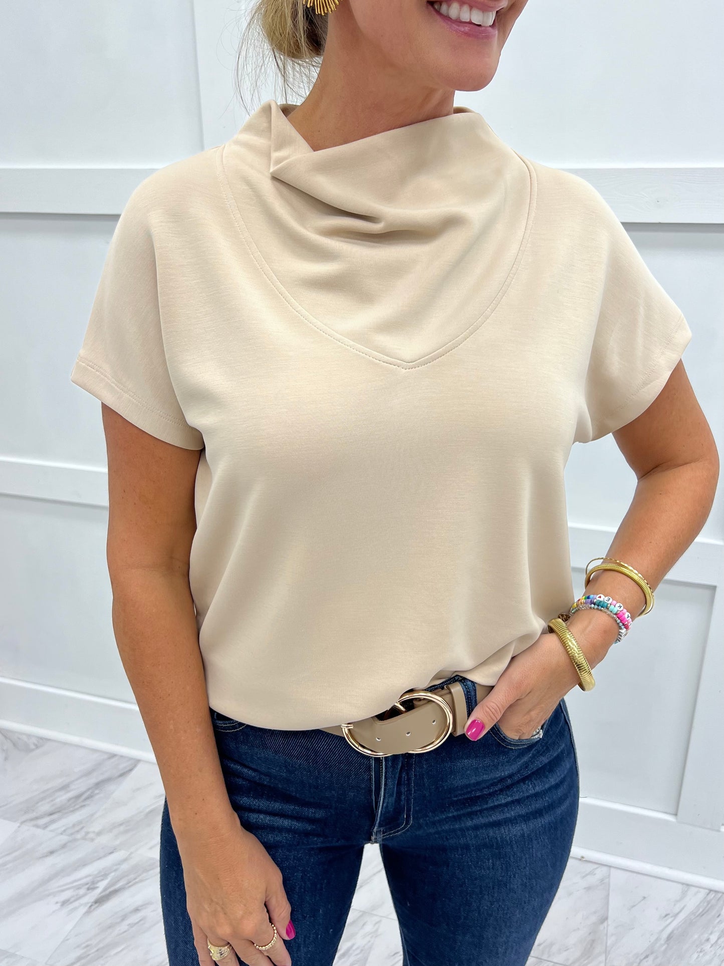 Campbell Cowl Neck Top (Beige)