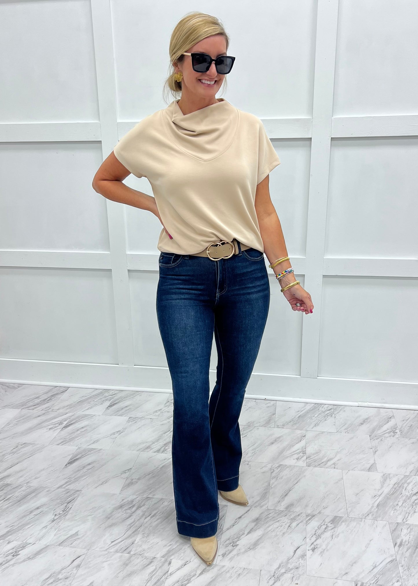Campbell Cowl Neck Top (Beige)