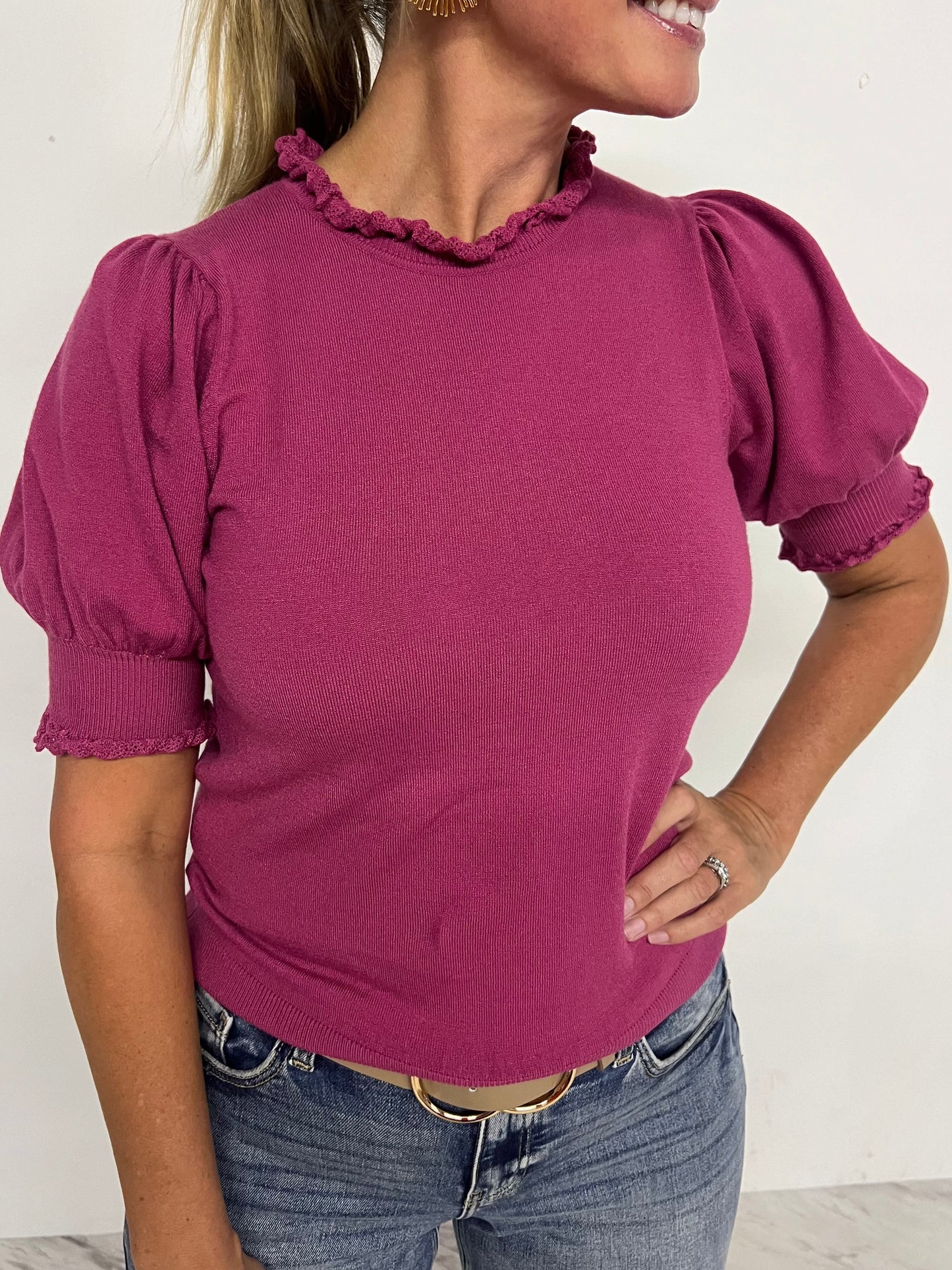 Fate Short Sleeve Sweater (Dark Magenta)-FINAL SALE