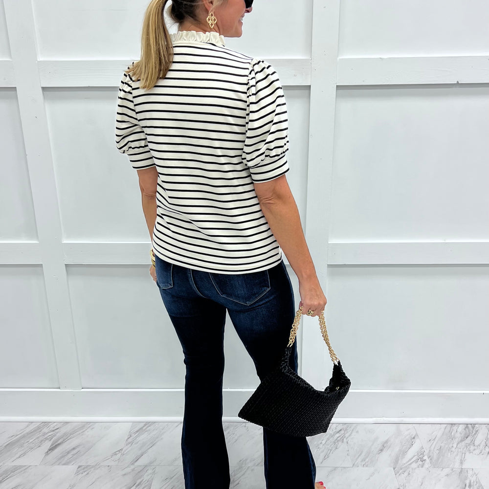 
                  
                    Sophie Stripe + Ruffle Top (Black)
                  
                