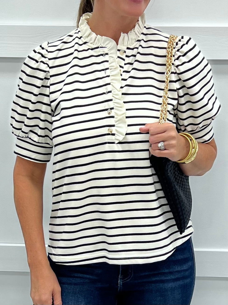 
                  
                    Sophie Stripe + Ruffle Top (Black)
                  
                