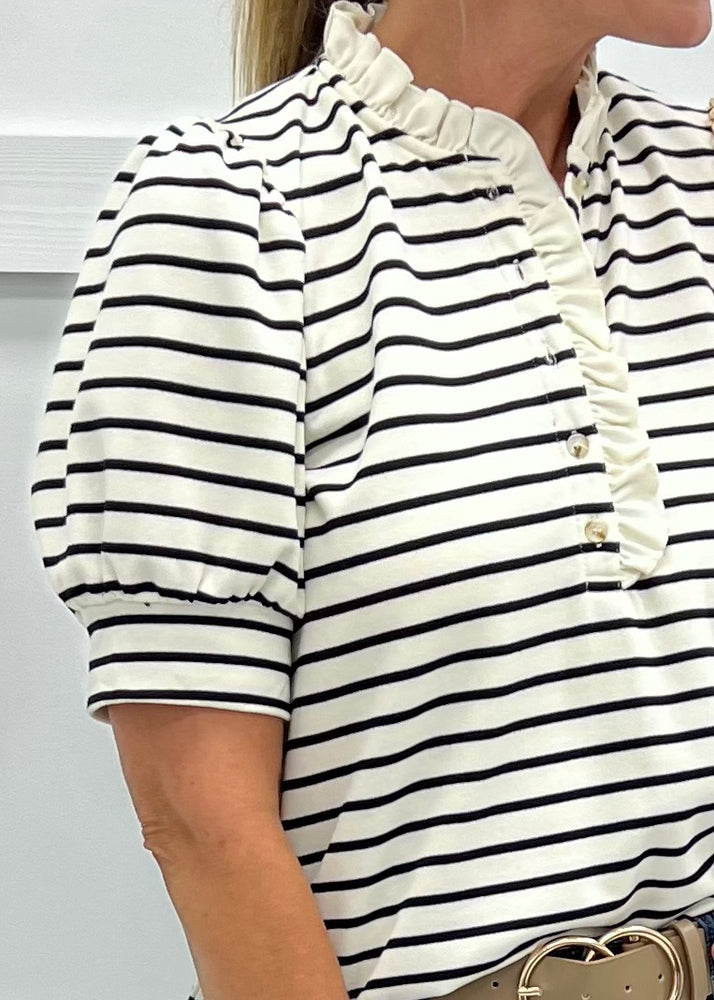 
                  
                    Sophie Stripe + Ruffle Top (Black)
                  
                