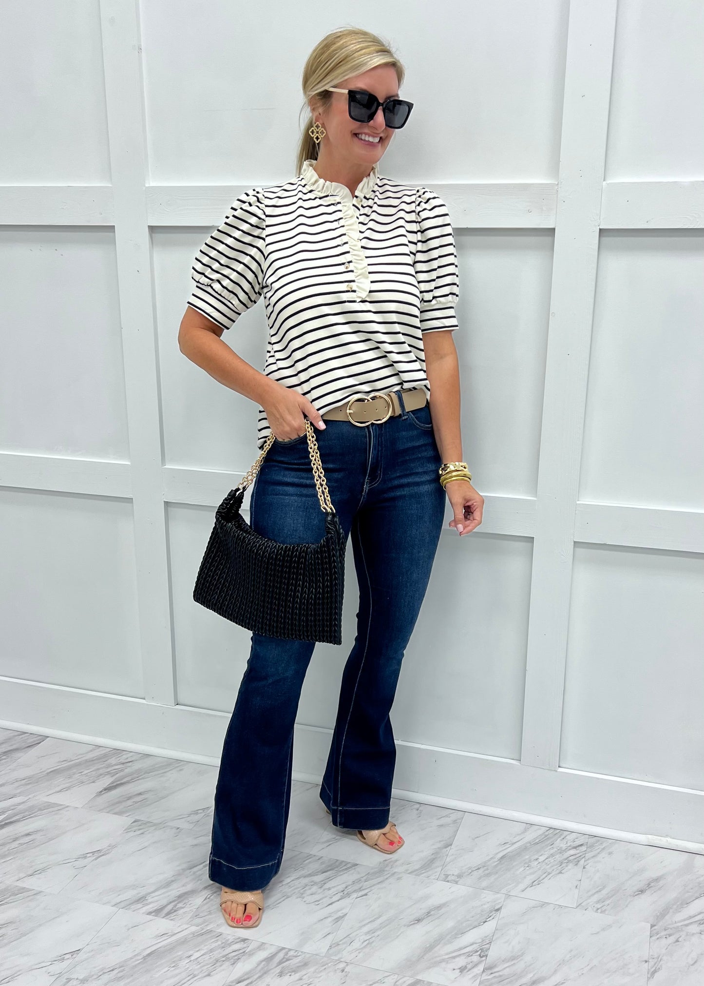 Sophie Stripe + Ruffle Top (Black)