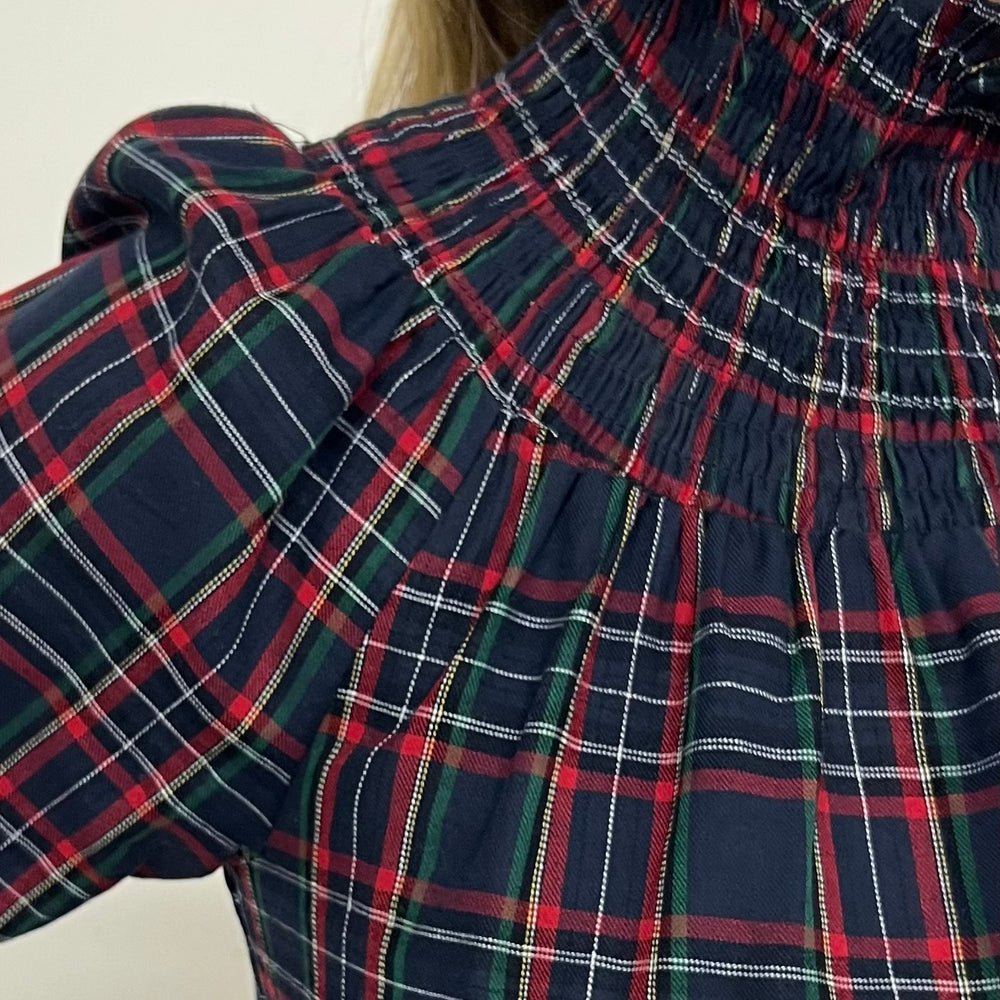 Deck The Halls Smocked Plaid Top (Navy Mix)-FINAL SALE