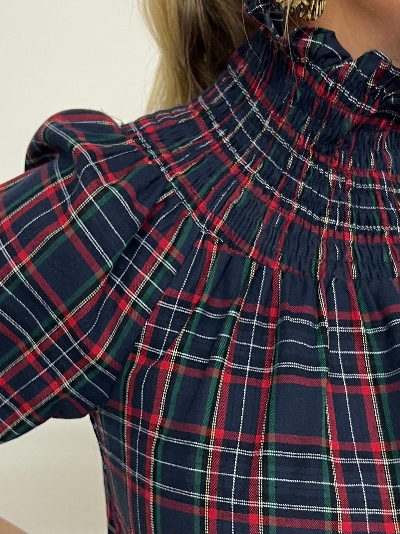 Deck The Halls Smocked Plaid Top (Navy Mix)-FINAL SALE