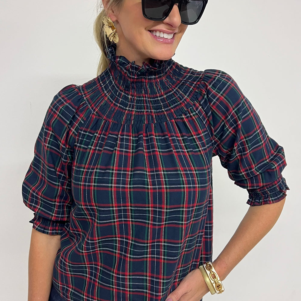 Deck The Halls Smocked Plaid Top (Navy Mix)