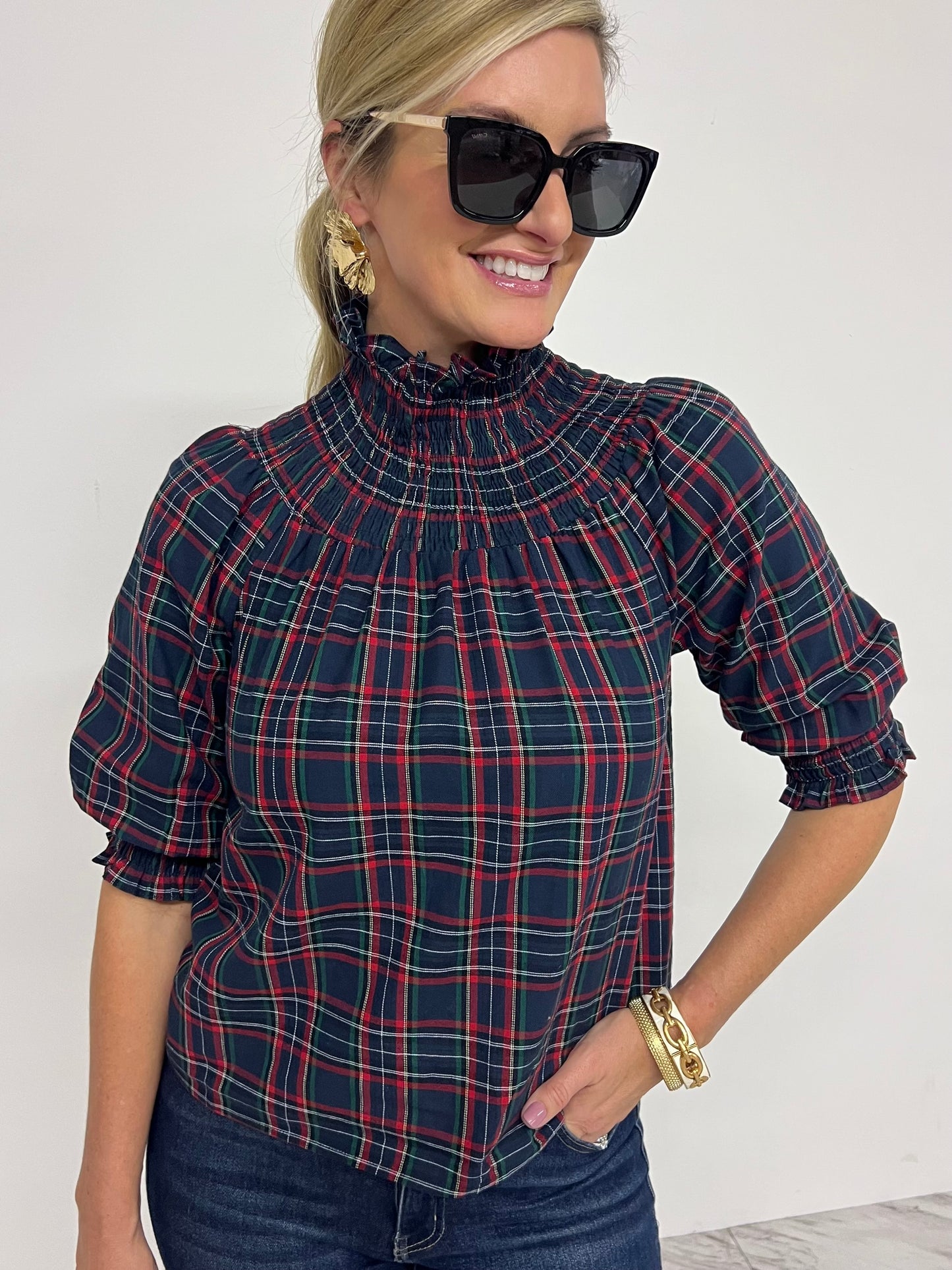 Deck The Halls Smocked Plaid Top (Navy Mix)-FINAL SALE