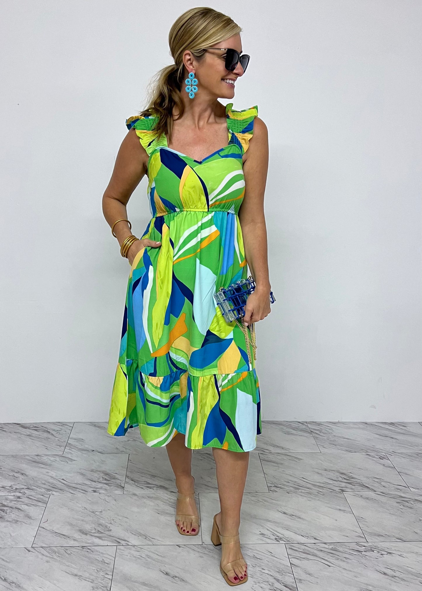 Tiki Green Print Sweetheart Dress- FINAL SALE