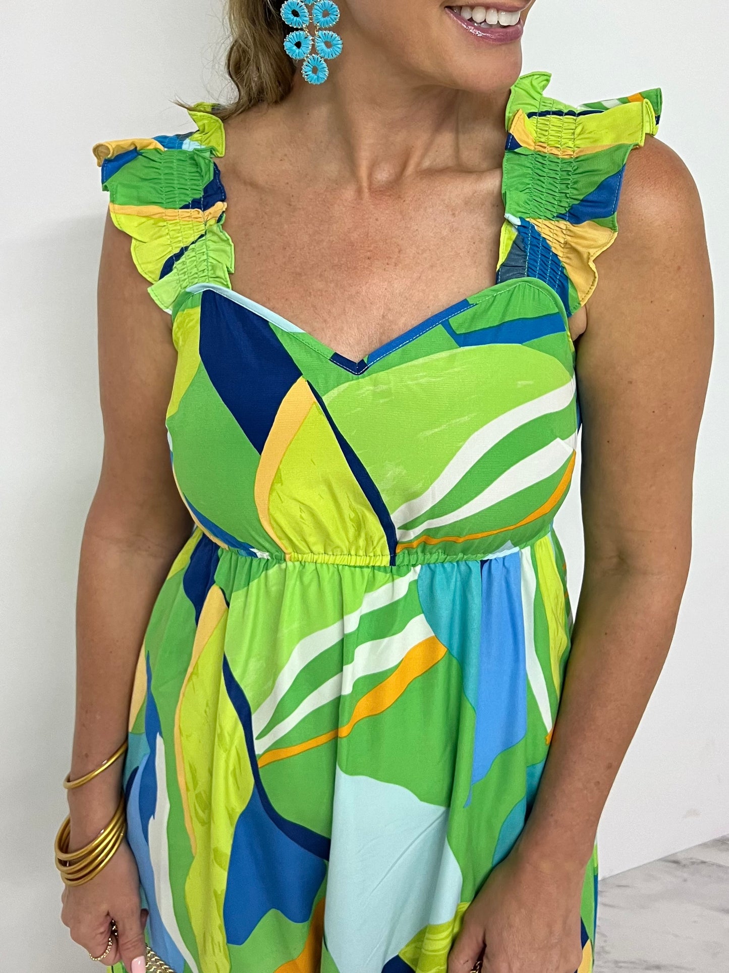 Tiki Green Print Sweetheart Dress- FINAL SALE