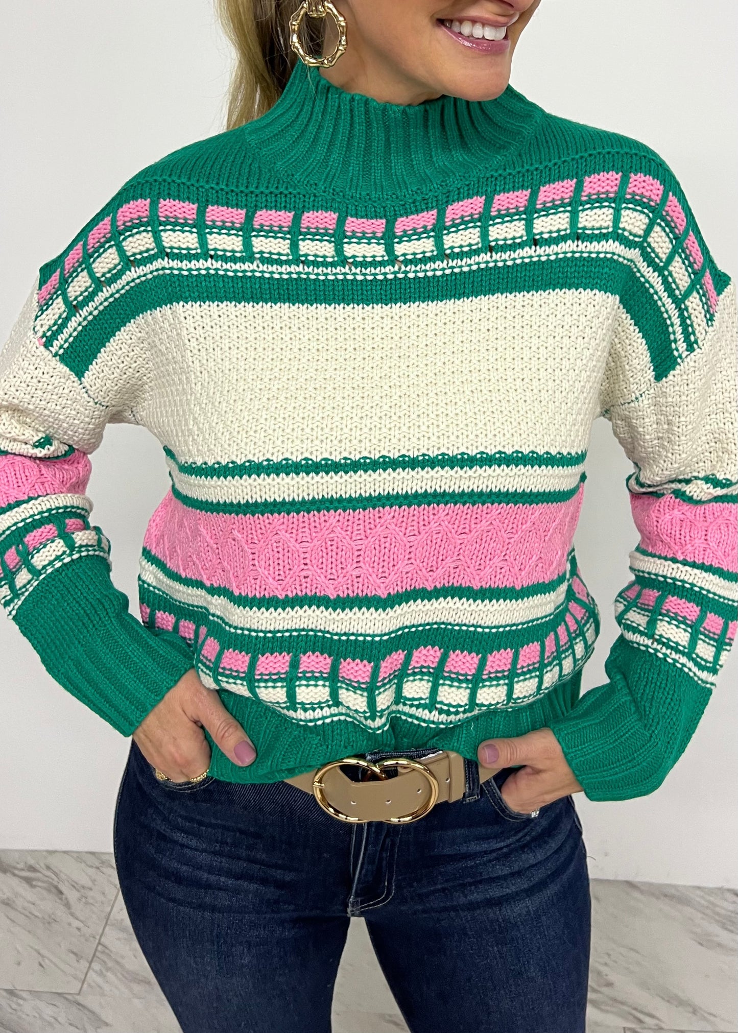 Perfectly Preppy Pink + Green Sweater