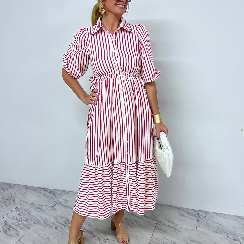 Piper Red Stripe + Tie Sleeve Dress