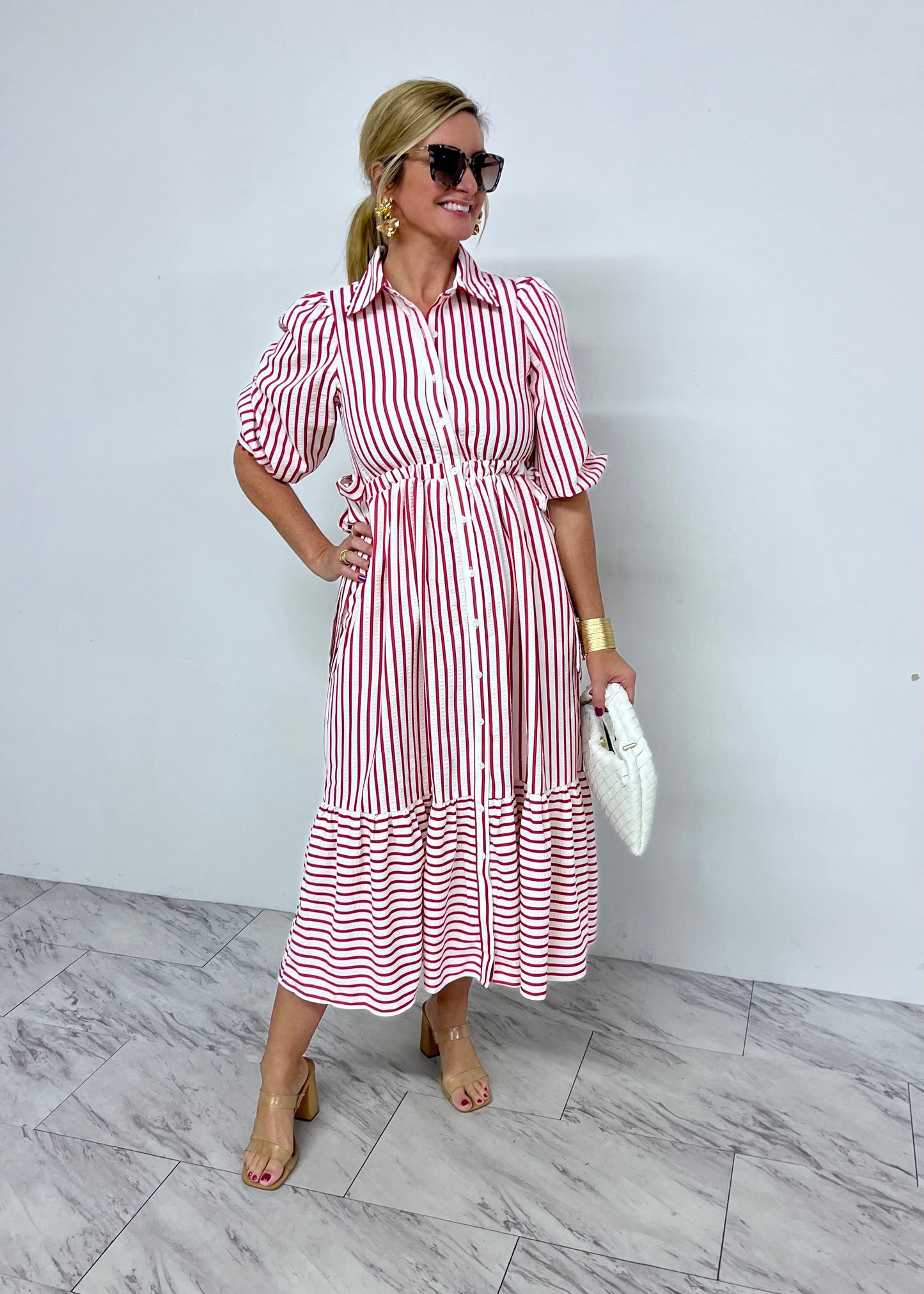 Piper Red Stripe + Tie Sleeve Dress