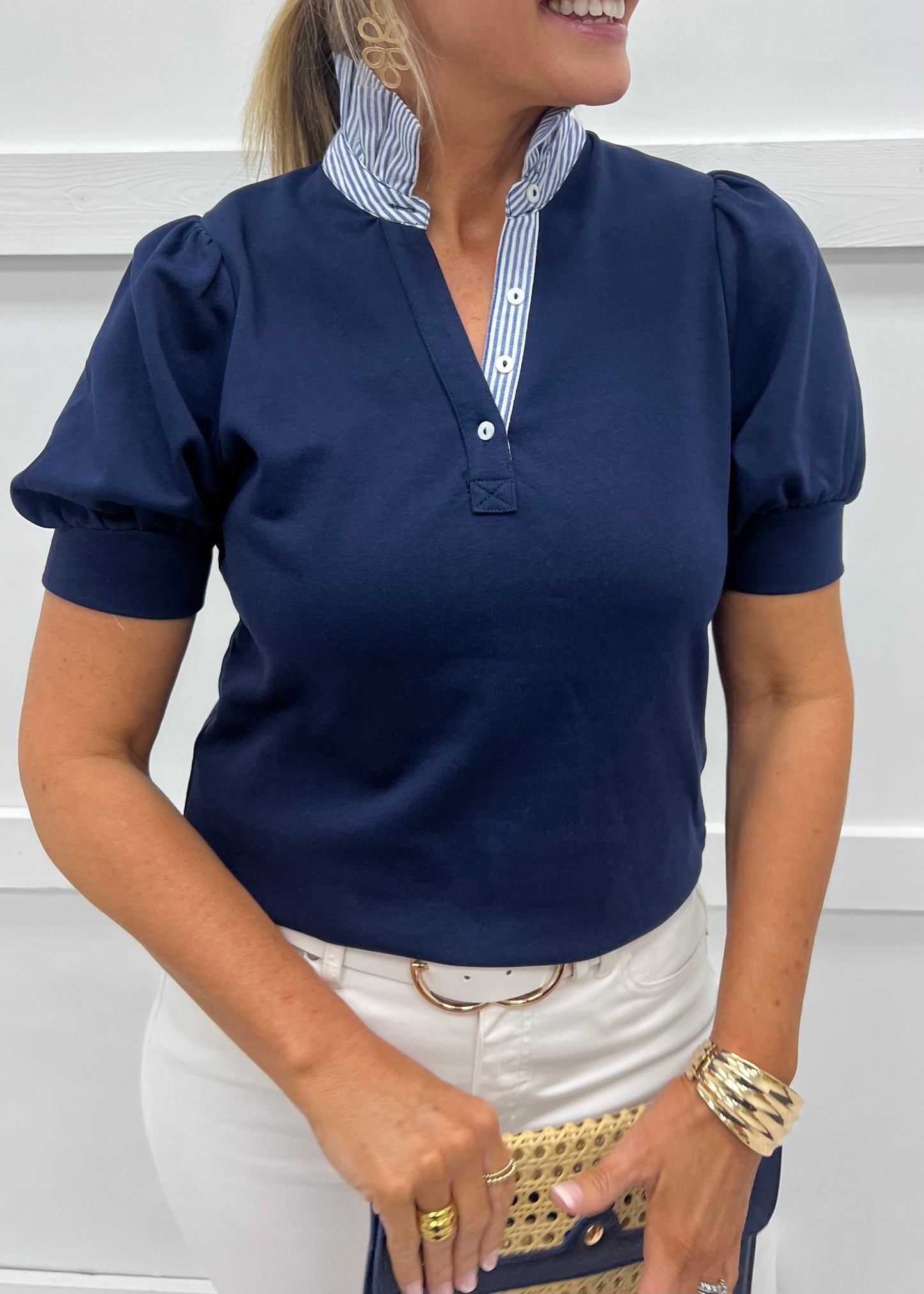 Kiawah Stripe Collar Top (Navy)