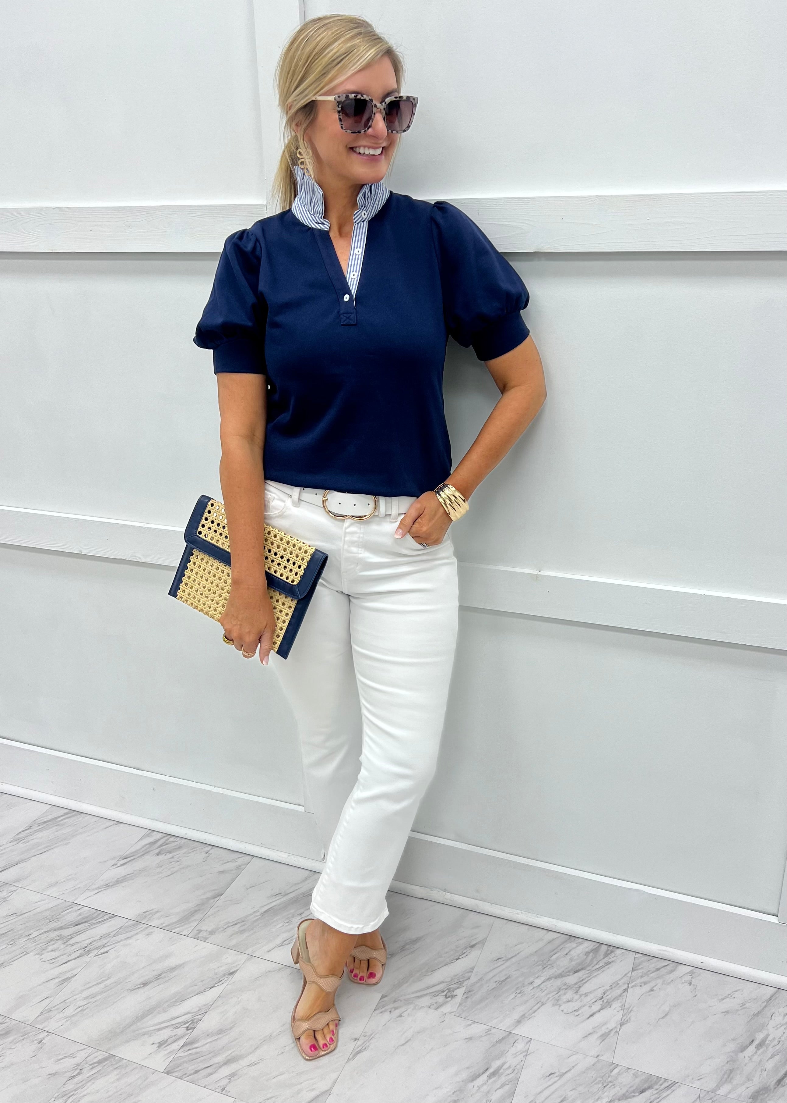 Kiawah Stripe Collar Top (Navy) – shop chartreuse