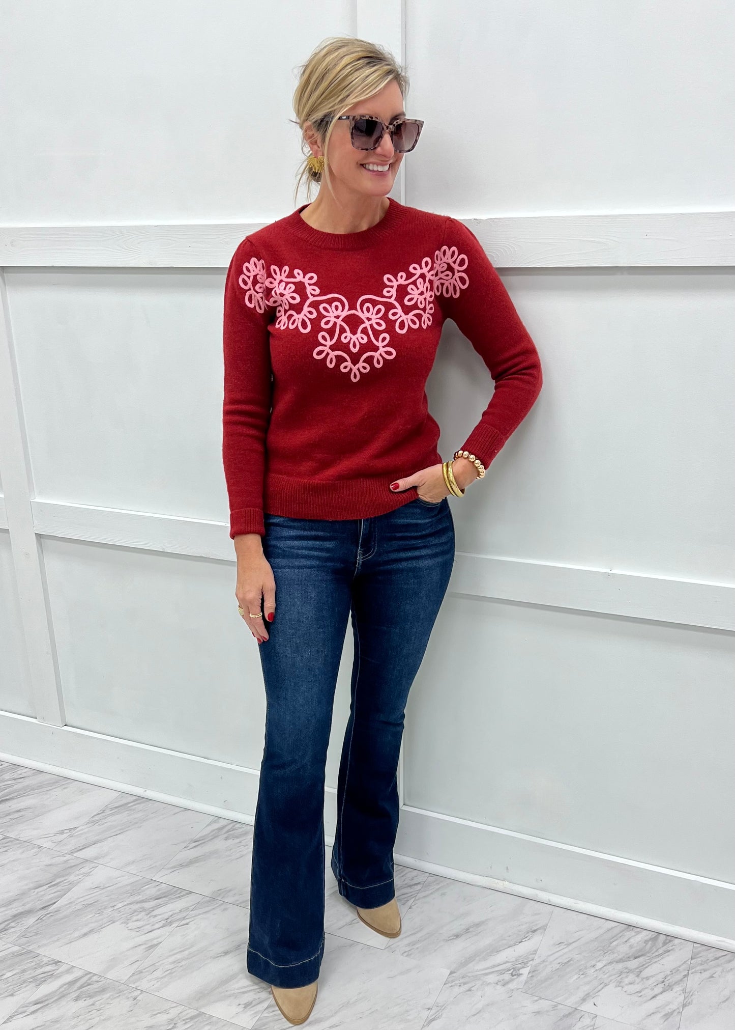 Winter Cheer Scroll Sweater (Red)