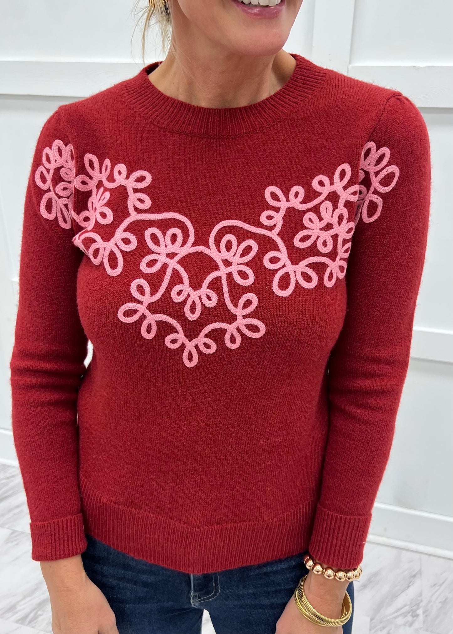 Winter Cheer Scroll Sweater (Red)