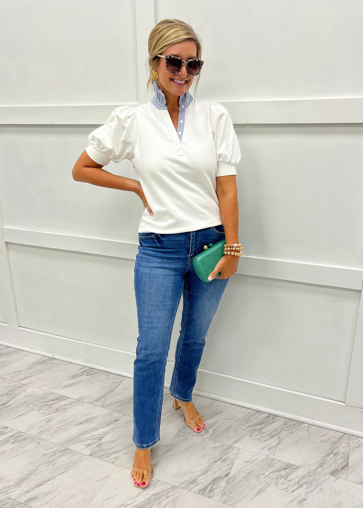 Kiawah Stripe Collar Top (White)