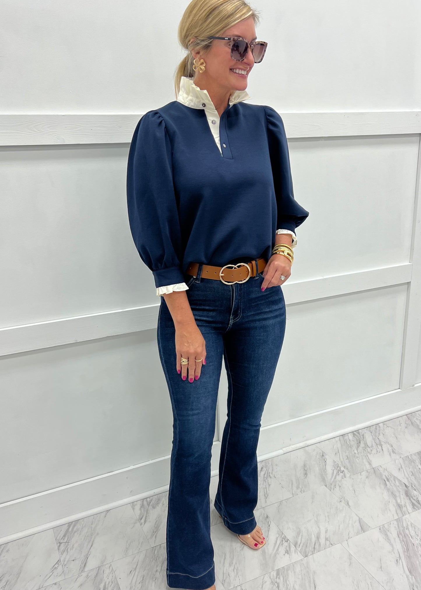 Savannah Stand Up Collar Top (Navy)
