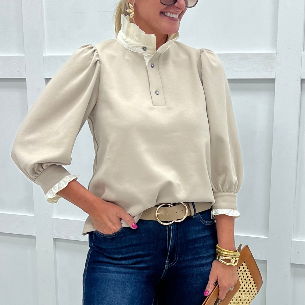 
                  
                    Savannah Stand Up Collar Top (Taupe)
                  
                