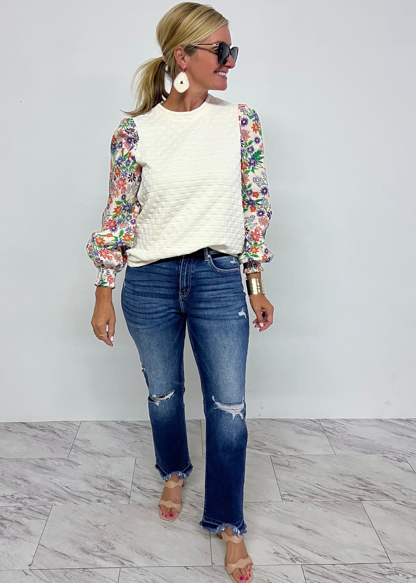 Floral Fascination Textured + Floral Sleeve Top