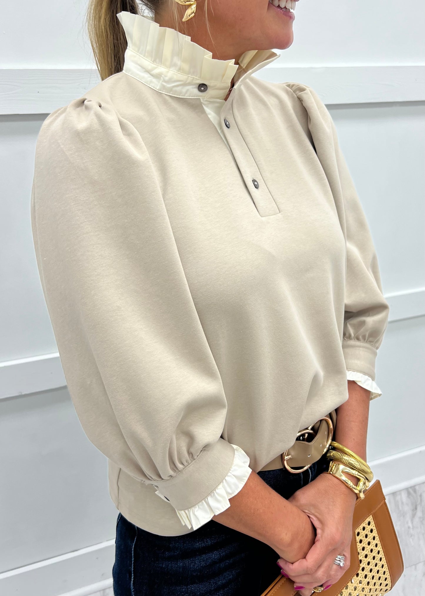 Savannah Stand Up Collar Top (Taupe)